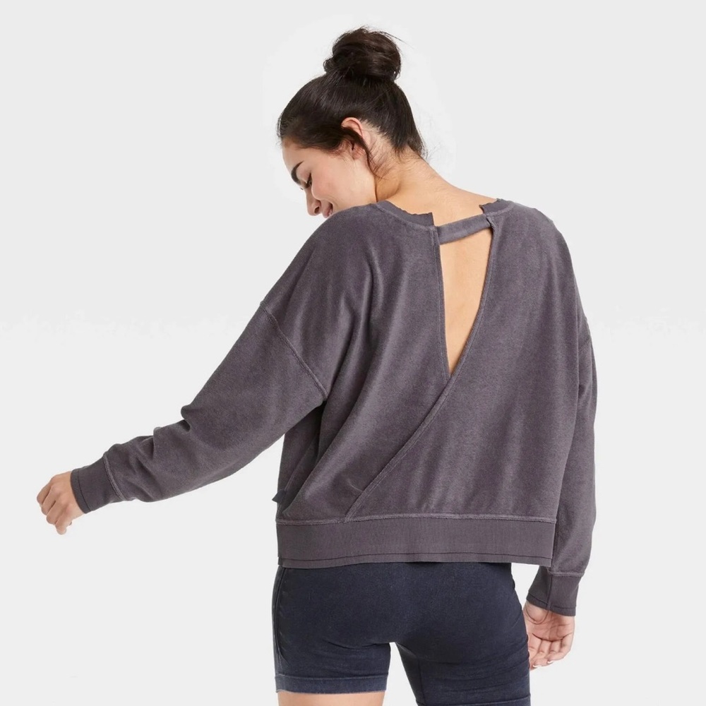 Joy Lab‎ NEW Gray Terry Criss Cross Open Back Long Sleeve Top Athleisure - SMALL